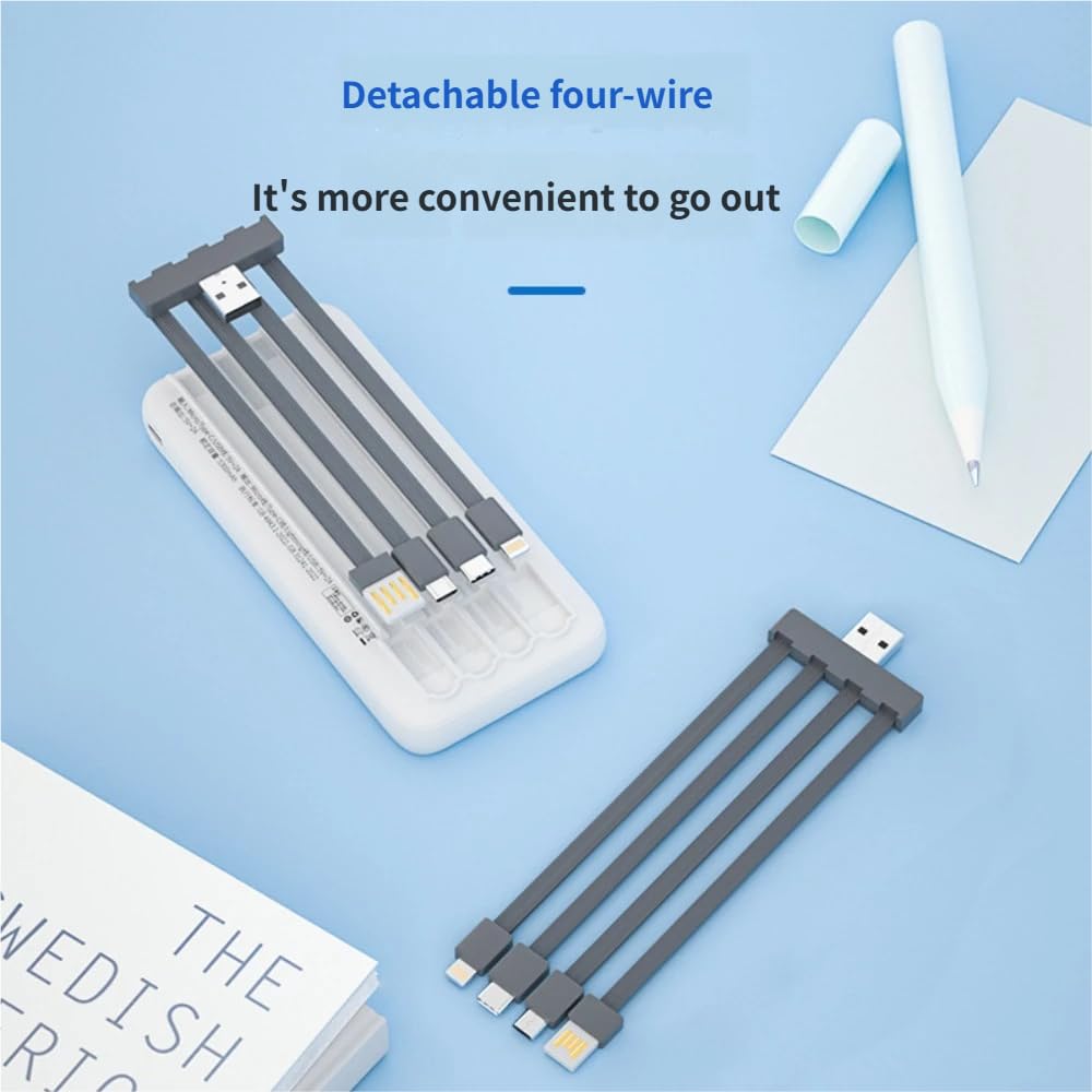 Banco de energía portátil de 10000 mAh, blanco, con cable de carga desmontable 4 en 1 integrado, pantalla de batería LED