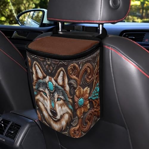 Image of Talayituse Vintage Brown Wolf Print Car Trash Bin, Large Size Auto Trash Can Adjustable Portable Garbage Can with Lid, Vehicle Hanging Bag for Headrest Front Back Seat