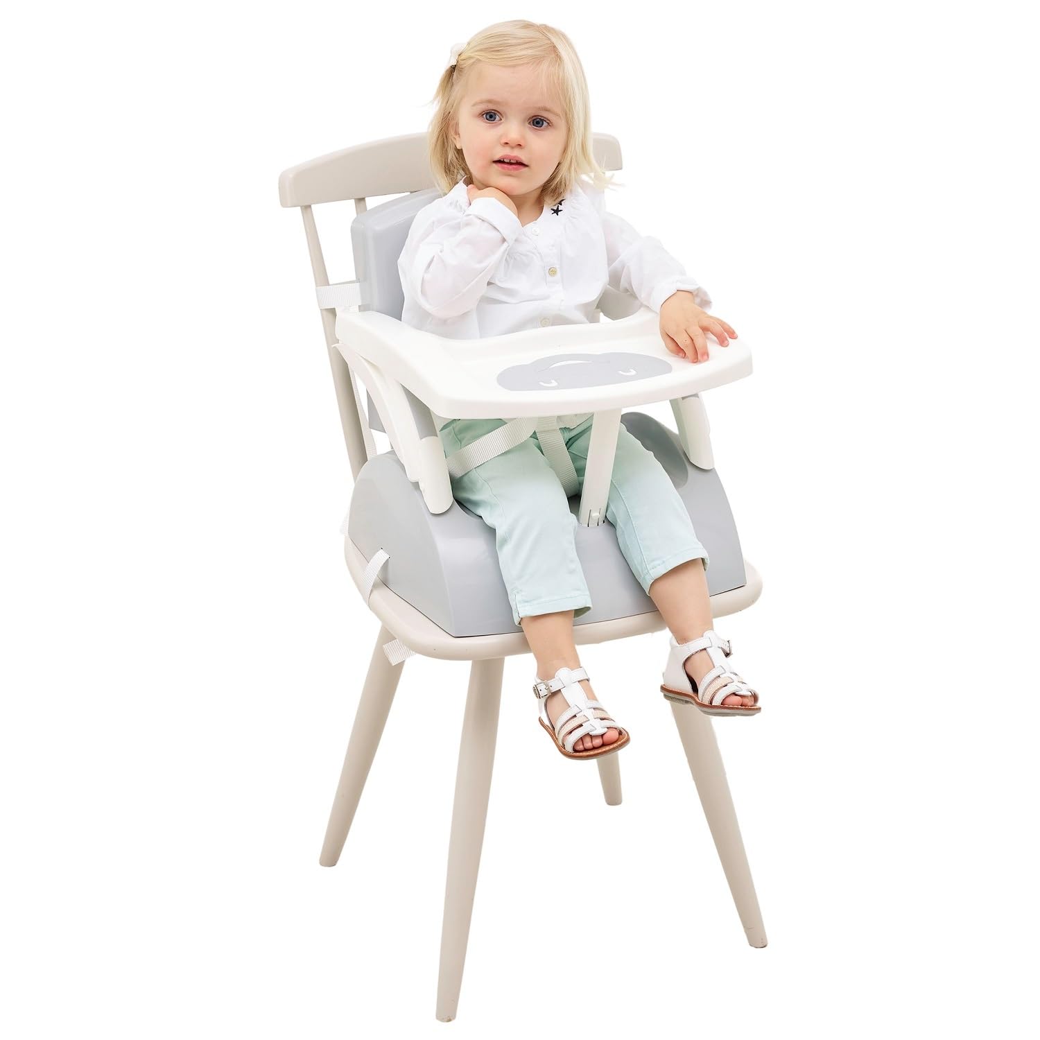 THERMOBABY Rehausseur de Chaise Évolutif 2en1 pour Enfant avec Tablette Amovible, Harnais 3 Points, Gris Velours
