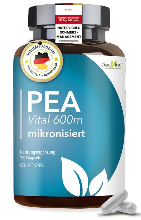 DocVital PEA Kapseln MIKRONISIERT: 120 Kapseln hochdosiert 1200mg Palmitoylethanolamide PEA Vital 600 in pharmazeutischer Qualität 100% Pure Pea mit hoher Bioverfügbarkeit