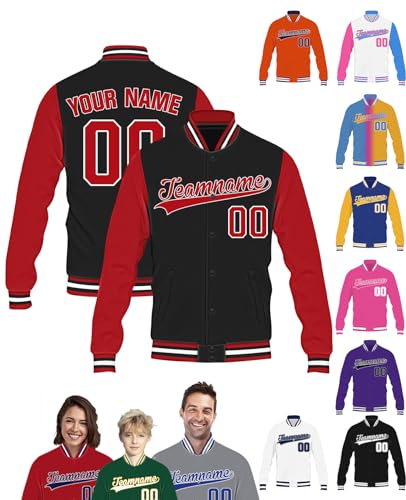 STREADVE Custom Men Women Youth Baseball Varsity Jacket Bomber Coat Personalised Letterman Jackets Customised Name Number Logo, Black Red