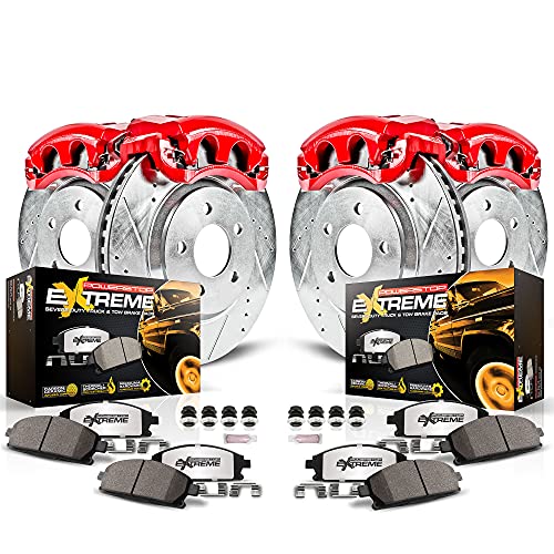 Image of PowerStop Front and Rear Brake & Caliper Kit for Ford F-150 2012-18 - Drilled & Slotted Disc Rotors + Z36 Brake Pads + Red-Powder Coated Calipers, KC6268-36