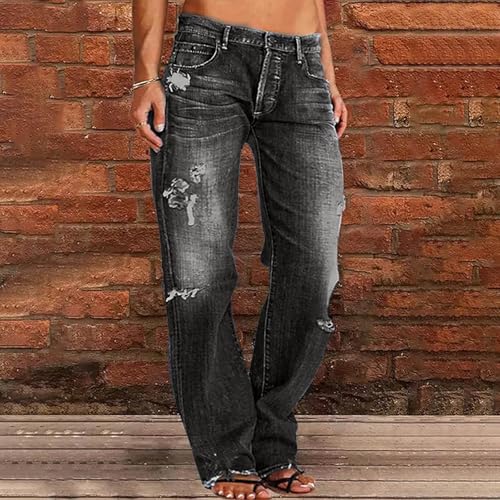 Distressed Jeans for Women Stretchy High Waisted Raw Hem Straight Leg Jeans Loose Fit Ripped Denim Pants with Pocket2