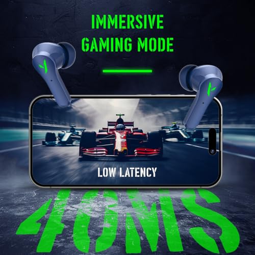 Image of pTron Bassbuds Rogue W / 40Ms Low-Latency Gaming,Clear Calls,50Hrs Playtime,Pristine Sound,V5.3 Bluetooth in Ear Headphones,Snug-Fit,RGB Lights,Touch Control,Voice Assist,IPX5 Water Resistant (Navy)