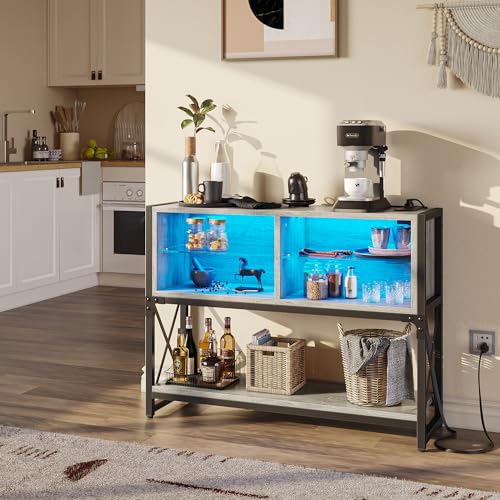 Bestier Coffee Corner Bar Cabinet for Living Room, Sideboard Table Buffet with LED Console Table with Open Storage & Glass Shelves, Display Shelf Kitchen, Grey