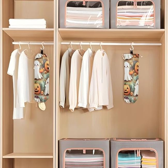 xigua Cartoon Ghosts Plastic Bag Holder Wall Mount with Drawstring 1 Pack, Reusable Grocery Bag Organizer Decor for Bags, Socks, Underwear, And Neckties