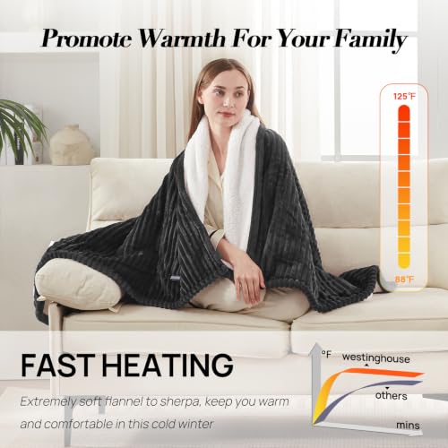 Image of Westinghouse Heated Throw Blanket, Fast Heating Blanket, 50x60 Inch Chacoal | Soft Flannel Sherpa Electric Throw with 6 Heating Levels & 2-10 Hours Auto Shut Off, ETL Certification, Machine Washable