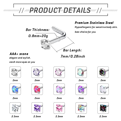 MILACOLATO Hypoallergenic Nose Rings 15Pcs 18G 20G Surgical Stainless Steel Nose Rings Studs L Shaped Screw Studs Rings Cubic Zirconia Nose Ring Labret Lip Nose Piercing Jewelry for Women Men2