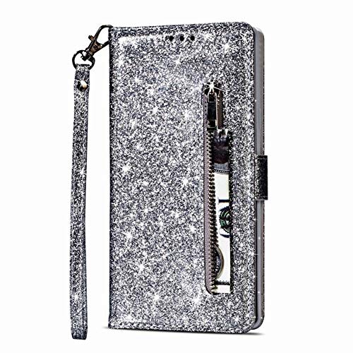 Preisvergleich Produktbild Homikon PU Leder Hülle Schön Bling Glänzend Glitzer Schutzhülle Brieftasche Ledertasche Bookstyle Lanyard Zipper-Funktion Handyhülle Lederhülle Etui Kompatibel mit Huawei P30 Lite - Silber