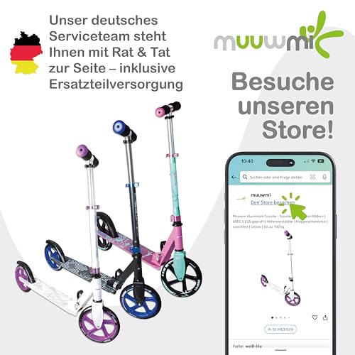 Muuwmi Aluminium Scooter Neon - 180 mm Räder - ABEC 5 Lager - Höhenverstellbarer Lenker - Geeignet für Kinder - GS-Zertifiziert - Bis zu 100 kg - mit Leuchtrollen - Tretroller in grün-schwarz