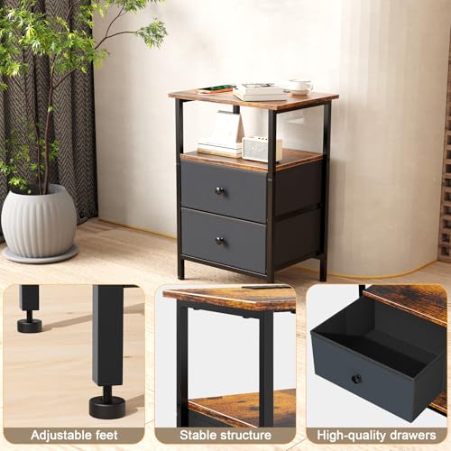 Image of Nightstand with Charging Station, Bedside End Table with 2 Fabric Drawers for Bedroom, Side Table with USB Ports and Outlets (Brown Black)