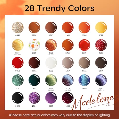 Image of modelones 32 PCS Fall Gel Nail Polish Kit, 28 Colors Cat Eye Glitter Brown Red Orange Gel Polish with Base Coat, Glitter & Glossy & Matte Top Coat Soak Off LED Nail Art Kit Salon at Home