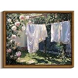 VIYYIEA Framed Flower Wall Art Home Decor, Vintage Sunshine Farmhouse Art Prints, Rustic Landscape Laundry Wall Decor, Mid Century Modern Artwork, Floral Wall Art for Living Room Bedroom