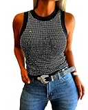CHICME Women’s Rhinestone High Neck Sleeveless Knit Tank Top Slim Fit Sparkly Halter Vest for Party Vacation Summer Casual-Black-S