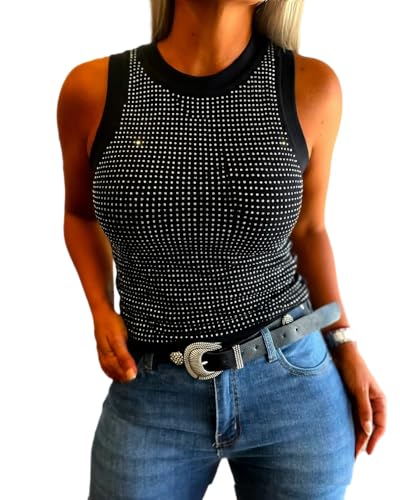 CHICME Women’s Rhinestone High Neck Sleeveless Knit Tank Top Slim Fit Sparkly Halter Vest for Party Vacation Summer Casual-Black-S