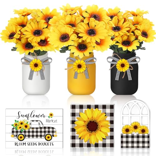 12 Sets Sunflower Mason Jar Centerpiece for Table Summer Sunflower