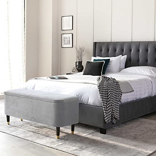 Image of Clarence Dark Teal Velvet Ottoman Storage Bench pouffe Puffy Couch Settee 2 Seater Sofa for livingroom Bedroom Office (Grey)
