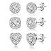 ALEXCRAFT Sterling Silver Halo Stud Earrings for Women Cubic Zirconia Round Heart Square Diamond Large Silver Studs Set Earring for Men 3 Pairs