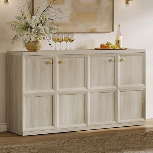 SICOTAS Buffet Cabinet with Storage, 61.8" Wide Sideboard with 4 Adjustable Shelves & Geometric Doors, Modern Credenza with Luxury Gold Handles for Kitchen Living Room, Grey White Oak, 2 PCS