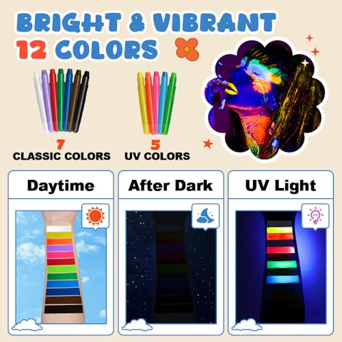 12-Color-Face-Painting-Kits-for-Kids-Beesjuy-Neon-Face-Paint-Glow-in-the-Dark-Makeup-Kit-Plant-Ingredients-UV-Face-Crayons-Fluorescent-Painting-Party-for-AdultsKids-5-Neon