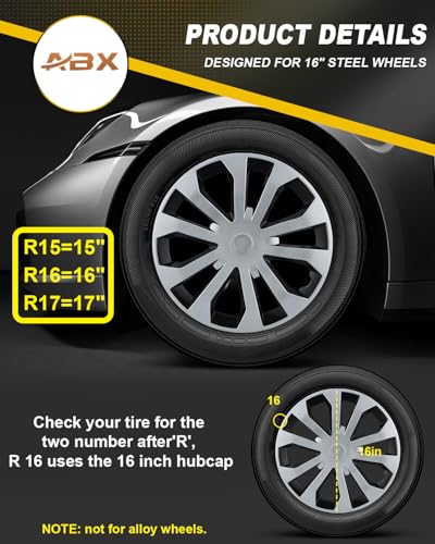 Image of ABX Hubcap Wheel Covers Hub Caps 16 Inch Set of 4 Black & Silver Universal Wheel Rim Cover R16 Stylish Car Decor Wheel Covers for Toyota Camry Nissan Mazda (silver-05, 16 inch)