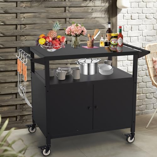 Image of COZEER Outdoor Grill Table with Storage, Movable BBQ Grill Cart, Outdoor Kitchen Prep Station, Rolling Bar Serving Cart with Utensil Hooks, Blackstone Griddle Stand