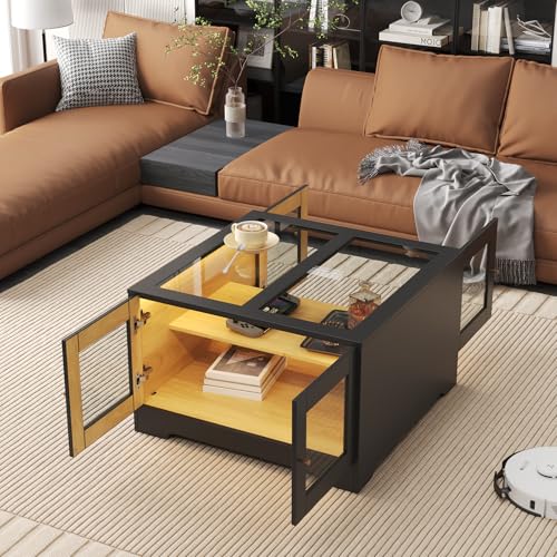Fameill Square Led Coffee Table With Storage Space, Modern Black Wooden Coffee Table With Glass, Living Room Central Table thumb #5