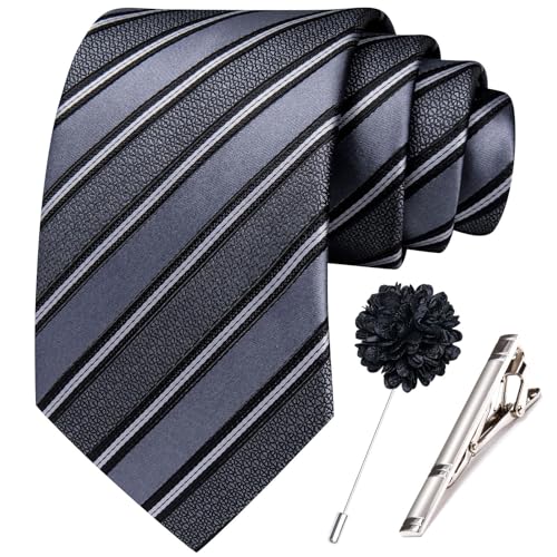 Image of Hi-Tie 63 inches Striped Paisley Extra Long Ties for Men Silk Necktie with Lapel Pin Tie Clip Big and Tall Men Formal Wedding