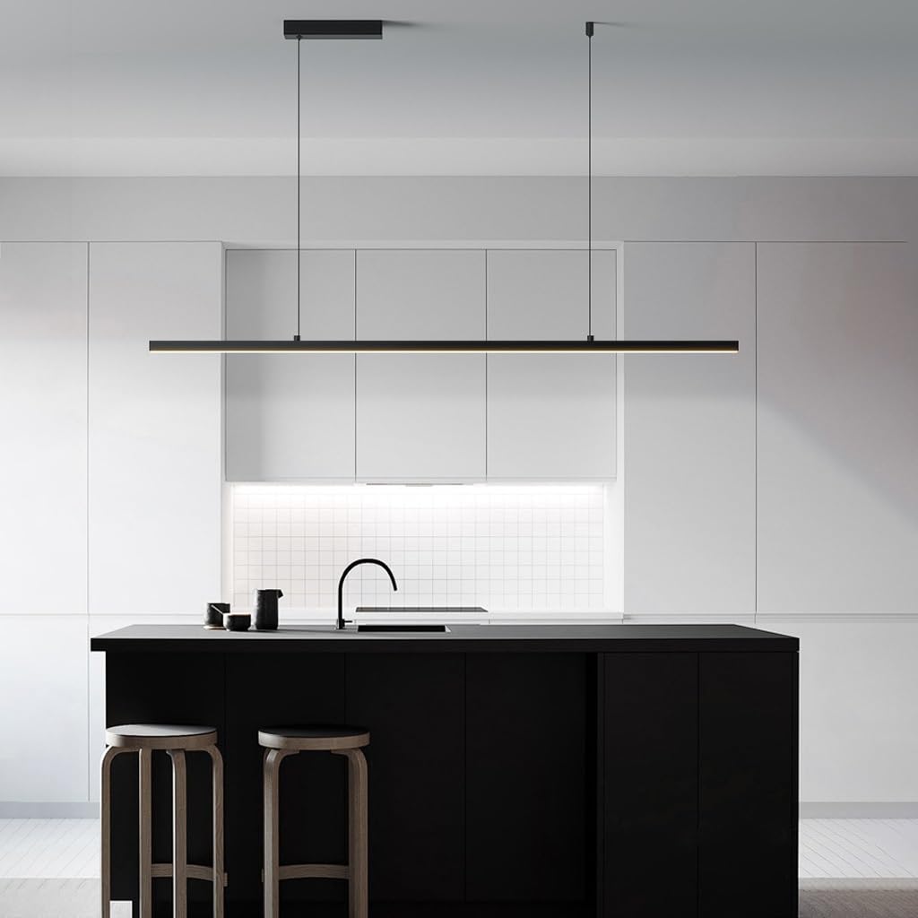 Suspension Luminaire LED Dimmable Moderne Luminaire Suspension Noir Salle À Manger Avec Télécommande Design Linéaire Réglable Lampe À Suspension Pour Îlot De Cuisine Bureau 150cm,64W