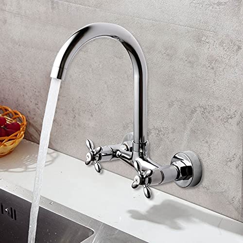 Robinet de cuisine murale avec bec rotatif double trous pour eau chaude et froide