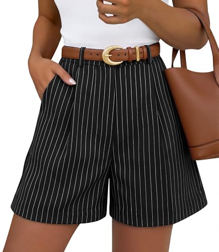 ZESICA Shorts for Women Dressy 2026 Summer Pleated Wide Leg Elastic High Waisted Business Casual Shorts with Pockets Black Stripe Medium