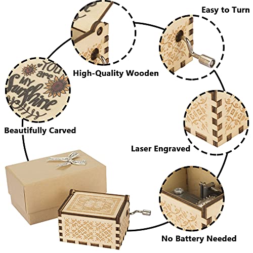 Music Box You are My Sunshine with Sunflower Necklace, Wooden Hand Cranked Musical Box and Engraved Message Locket Pendant Sunflower Gifts for Wife, Daughter, Girlfriend, Mother，Christmas Present，Birthday3