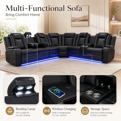 Image of Power Recliner Sectional Sofa Set with USB, LED & Storage - Black Leather Reclining Couch with Cup Holders & Pull-Down Table - Modern Living Room Furniture Set for Home Theater Comfort