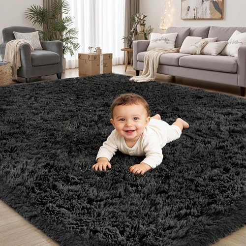 8x10 Area Rugs for Living Room Bedroom: Soft Fluffy Black