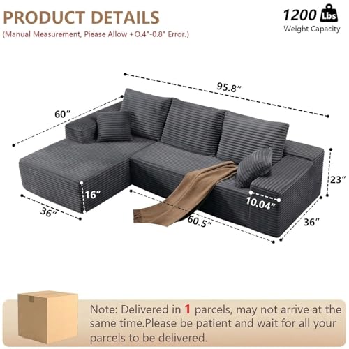 Image of Sectional Couches for Living Room Cloud Couch Sofa with L-Shape Couch in a Box Upholstered Boneless Couchs Modern Modular Sectional Couch with Chaise (Dark Grey,B-3 Seater-Left-Facing Chaise-96 inch)