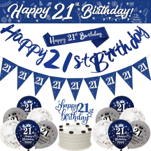 21st Birthday Decorations Blue Silver for Boy Men - Party Supplies for Him Banner Bunting Sash Confetti Latex Balloons Triangle Flags Cake Toppers
