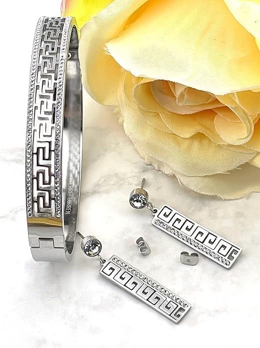 Pierre Lorren HANDMADE Fine Greek Jewelry SET Diamond Eternity Bangle Bracelet Greek Meander Earrings Gold Greek Jewelry 18kt Gold 272 Crystal Diamonds Graduation ETERNITY SUCCESS gift - Image 9