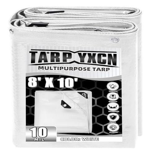 TA*RP YXCN White Tarp 8x10 Feet 10 Mil Thick Waterproof Poly Tarps Cover UV Resistant Rip & Tear Proof with Metal Grommets Every 20 Inches
