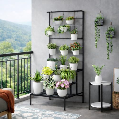 Image of Plant Stands for Outdoor Balcony, Flower Pot Stand for Indoor Plants, Large Metal Planter Stand for Living Room, home decor, Indoor & Outdoor plants, 4 Tier, (White) (Black)