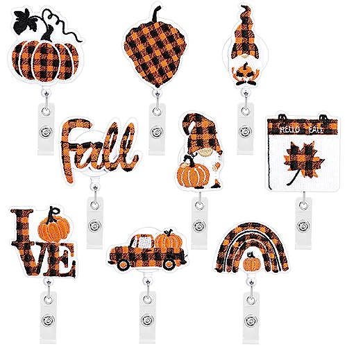 Whaline W8302 Fall Thanksgiving Felt Badge Reels Autumn Plaid Retractable Badge Holders Pumpkin Maple Leaf Gnome Truck Badge Reel cover