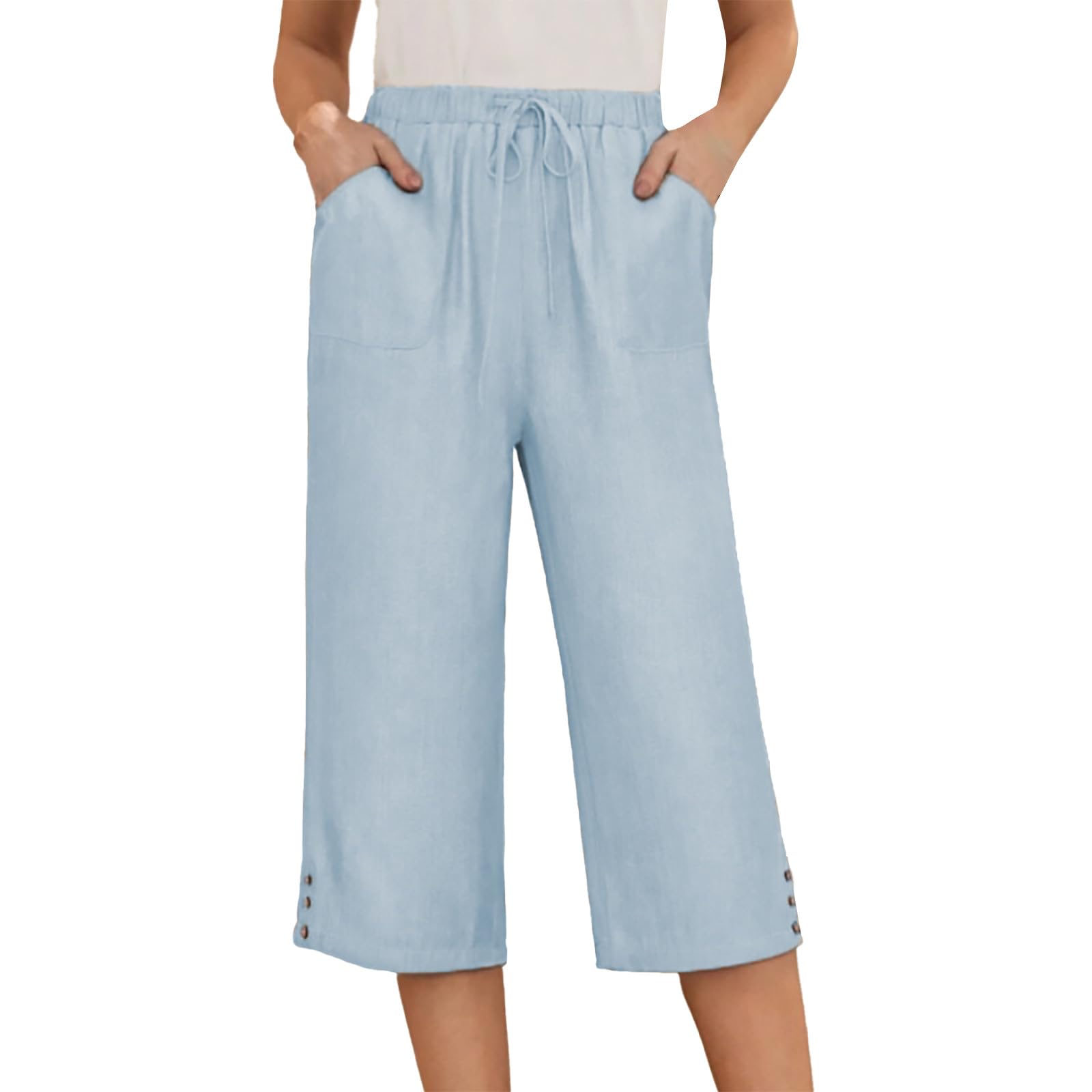 gokkilrw womens linen capri pants with pockets elastic waist drawstring dressy casual crop pants wide leg lloose boho capris