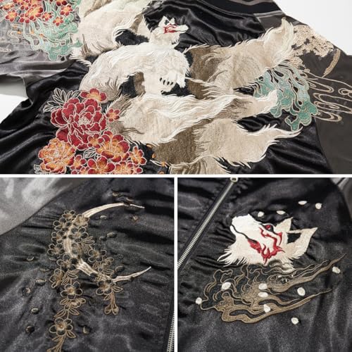 Nine-tailed Fox Embroidery Men Bomber Jacket Satin Vintage Streetwear Hip Hop Windbreaker for Spring Autumn3