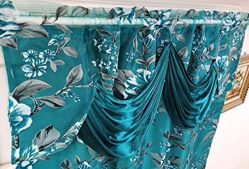 Gohd Roman Romance. Burnt-Out Printed Organza Window Curtain Panel Drape With Attached Fancy Valance And Taffeta Backing (Teal Green, 55 X 84 Inches + Attached Valance X 2Pcs) #TOP6