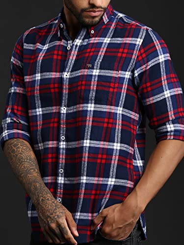 Image of THE BEAR HOUSE Men's Cotton Blue & Red Checks Slim Fit Shirt | L |TBH-Bud-BL-L |