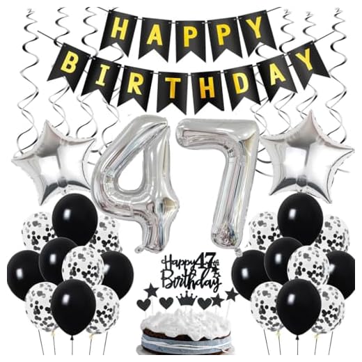 Decoración de 47 cumpleaños, Deco de cumpleaños 47 años hombres, Deco de 47 cumpleaños hombre, Deco de 47 globos negro y plata, Deco de fiesta de 47 cumpleaños con globos, Deco de 47 cumpleaños