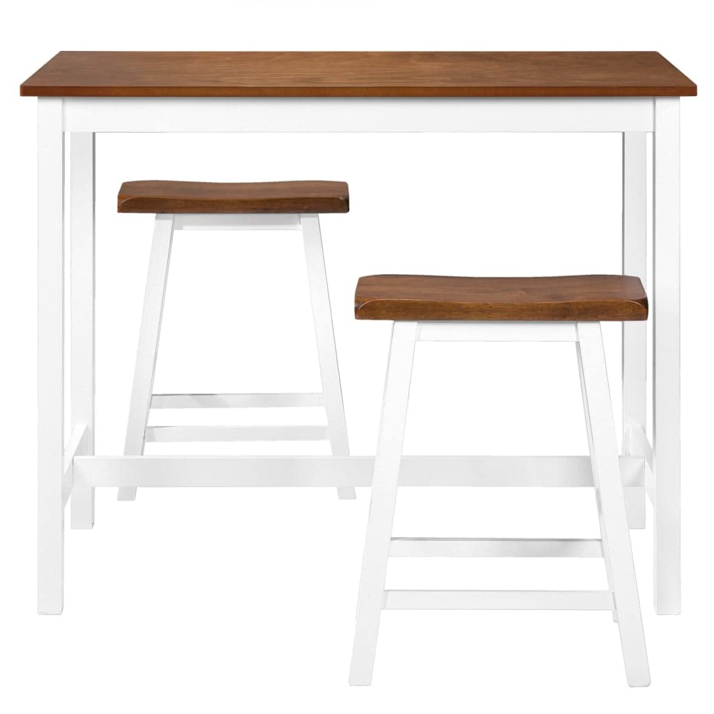 Ensemble table de bar et tabourets 3 pièces en bois massif avec plateau en MDF marron blanc 108 x 60 x 91 cm, 2 tabourets de bar 45 x 23 x 60 cm, pour cuisine, salle à manger, salon
