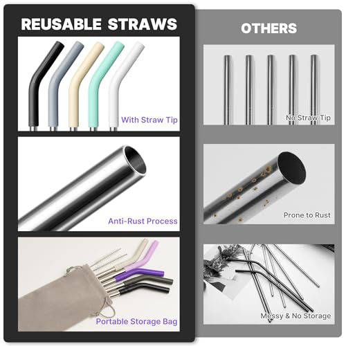 Image of Metal Straw for 40 oz Stanley Cup, Reusable Stainless Steel Straws with Silicone Tip for Simple Modern, Meoky 40oz Tumbler, 12 inch Extra Long Straws, Cleaning Brush, 1 Portable Bag