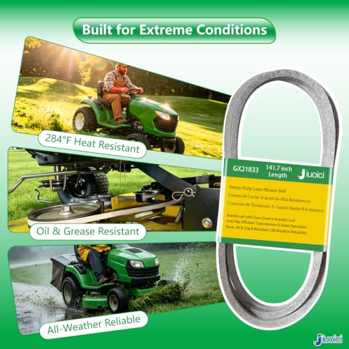 Image of GX21833 (141.7 inch) Heavy-Duty Mower Deck Belt Fits John Deere 48 inch Deck | Fits John Deere 48 inch D140 L130 L120 LA145 D160 E140 LA130 E170 D155 S170 E160 S140 Z255 155C D15, Aramid Core, Zero-Stretch