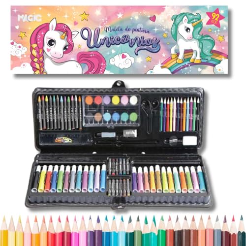 Maleta de Pintura Infantil Escolar com 92 Peças - Tema Unicórnios