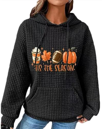 Chvity Fashion Lightweight Pullover Tis The Season Pumpkin Printed Hoodie for Women Long Sleeve Waffle Sweatshirt with Pocket Blouse Solid Black Tops Drawstring Outwears